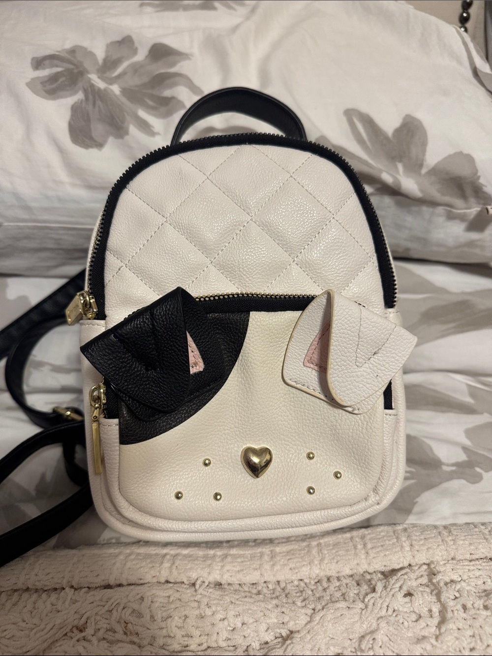 Betsy Johnson White Quilted Mini Backpack Crossbody with Cat Ear Accent